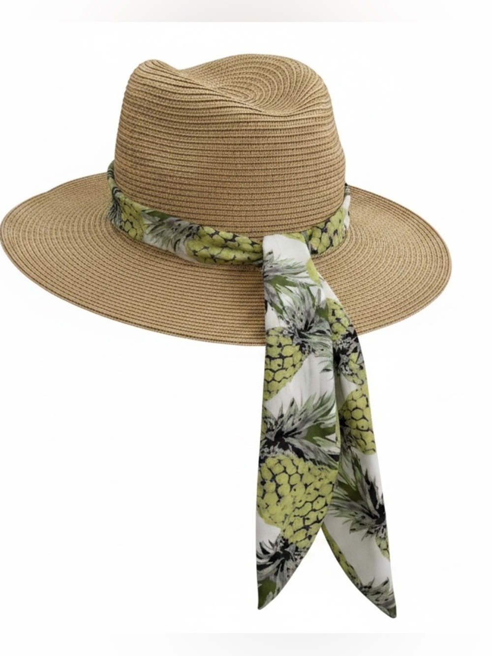 NWT Caribbean Joe straw hat features a wide brim and a pineapple-printed scarf.